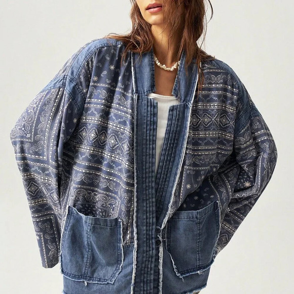 Blue Boho Women's Loose Casual Drop Shoulder Jacket - Picture 8 of 8